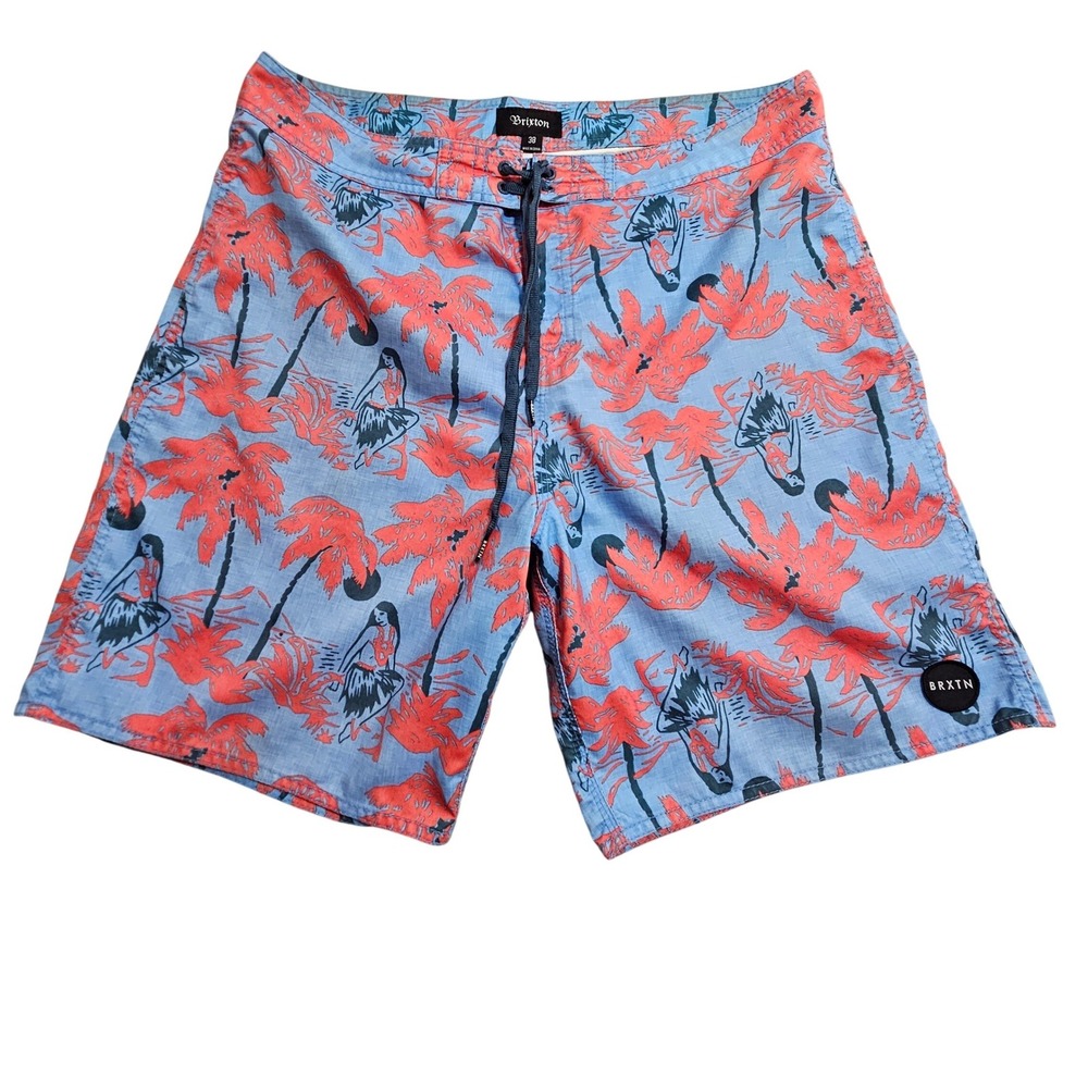 Brixton Board Shorts Mens 38 Blue Coral Tropical Hula Girl Palm Tree Surf AOP
